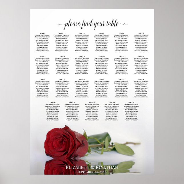 Póster Gráfico de Asientos de Boda con Rosa Roja Reflejad (Frente)