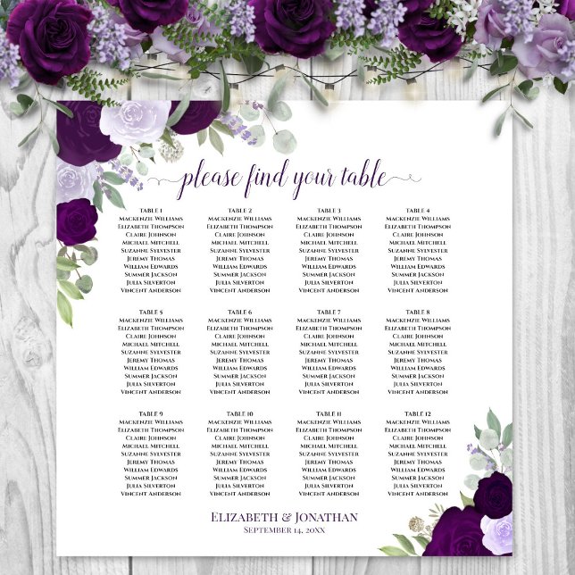 Póster Gráfico de Asientos de Boda con Rosas Purpúreas Ch (In Situ on Wall with Flowers)