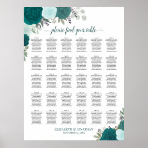 Póster Gráfico de Asientos de Boda con Rosas Turquesa Ele