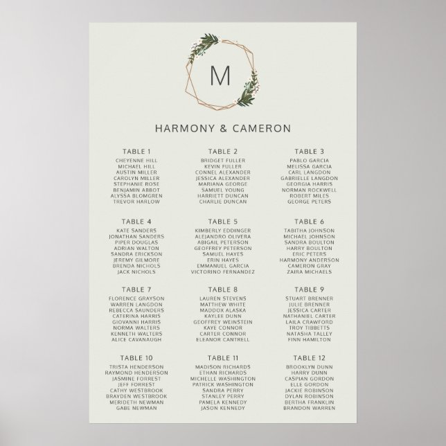 Póster Gráfico de Asientos de Boda con Vegetación Dorada  (Frente)