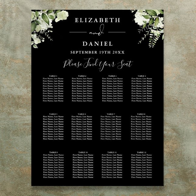 Póster Gráfico de Asientos de Boda con Vegetación en Blan (Black And White Greenery Wedding Seating Chart)