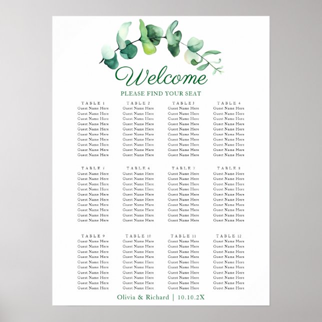 Póster Gráfico de Asientos de Boda con Verde de Eucalipto (Frente)