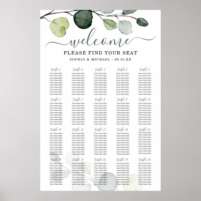 Póster Gráfico de Asientos de Boda con Verde de Eucalipto (Frente)
