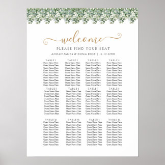 Póster Gráfico de Asientos de Boda con Verde de Eucalipto