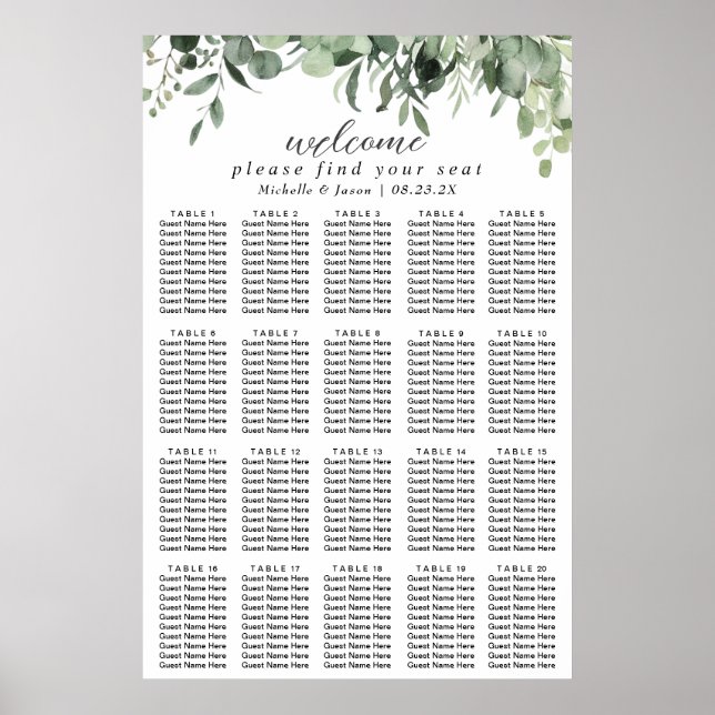 Póster Gráfico de Asientos de Boda con Verde de Eucalipto (Frente)