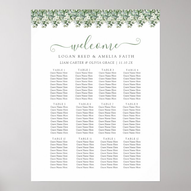 Póster Gráfico de Asientos de Boda con Verde de Eucalipto (Frente)