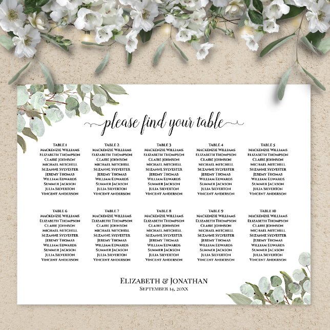 Póster Gráfico de Asientos de Boda de 10 Mesas con Verde  (In Situ on Wall with Flowers)