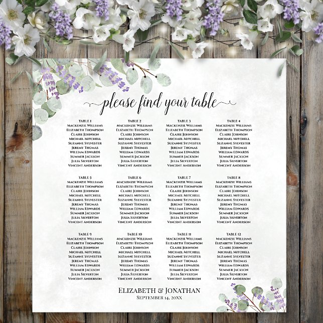 Póster Gráfico de Asientos de Boda de 12 Mesas de Lavanda (In Situ on Wall with Decorations)