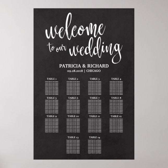 Póster Gráfico de Asientos de Boda de 14 Mesas Pizarra (Frente)