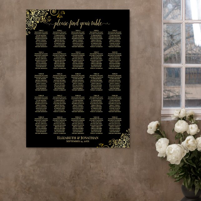 Póster Gráfico de Asientos de Boda de 25 Mesas Dorado y N (In Situ on Wall)