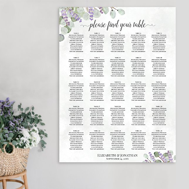 Póster Gráfico de Asientos de Boda de 25 Mesas Lavanda Eu (In Situ on Wall)