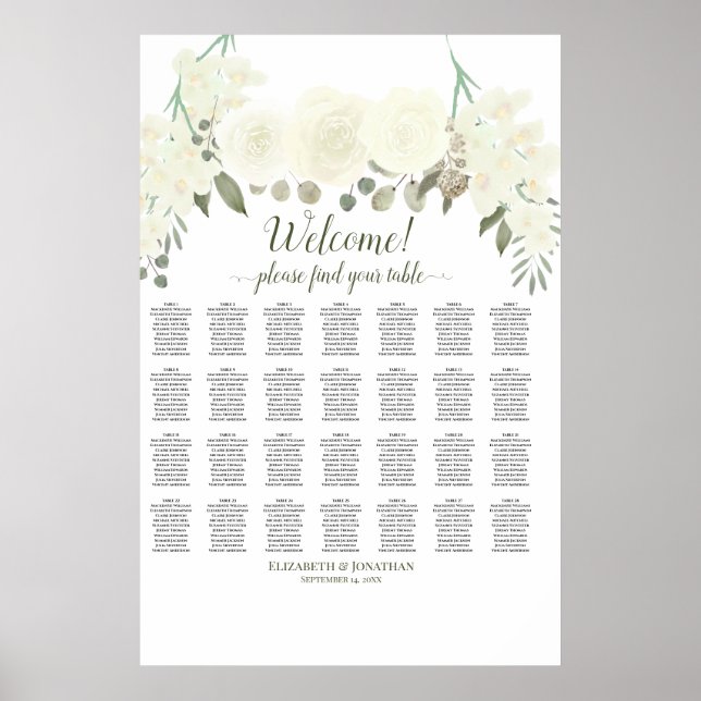 Póster Gráfico de Asientos de Boda de 28 Mesas con Rosas  (Frente)