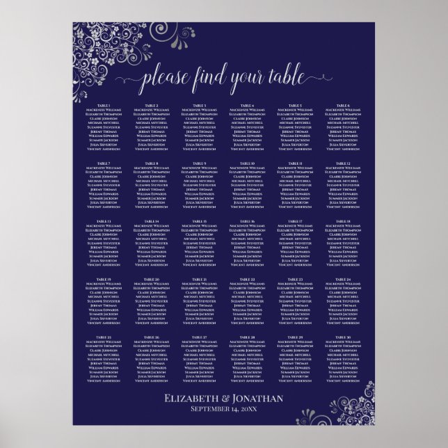 Póster Gráfico de Asientos de Boda de 30 Mesas con Plata  (Frente)