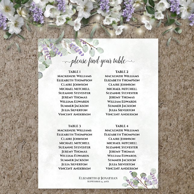 Póster Gráfico de Asientos de Boda de 4 Mesas de Lavanda  (In Situ on Wall with Decorations)