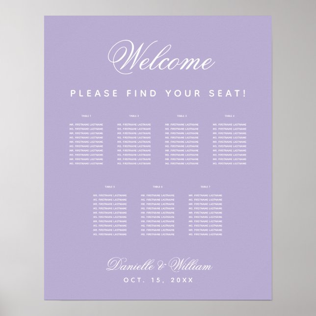 Póster Gráfico de asientos de boda de 7 mesas de lavanda  (Frente)