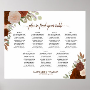 Póster Gráfico de Asientos de Boda de 7 Mesas Rosas Naran