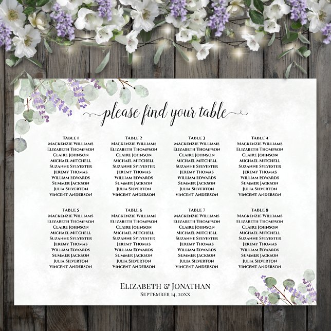 Póster Gráfico de Asientos de Boda de 8 Mesas de Lavanda  (In Situ on Wall with Decorations)