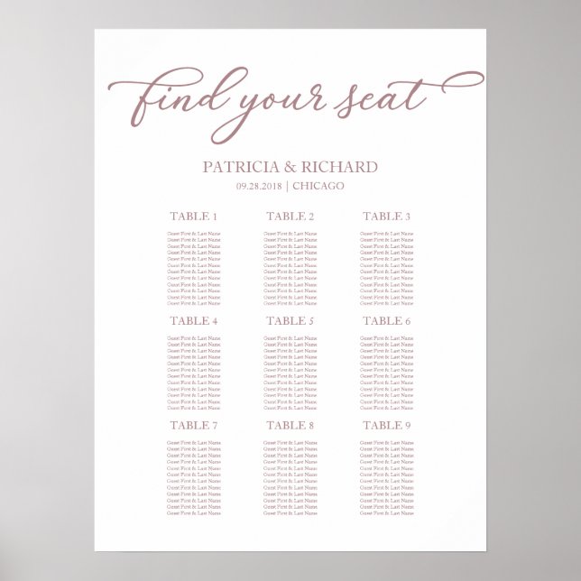Póster Gráfico de Asientos de Boda de 9 Mesas con Guión e (Frente)