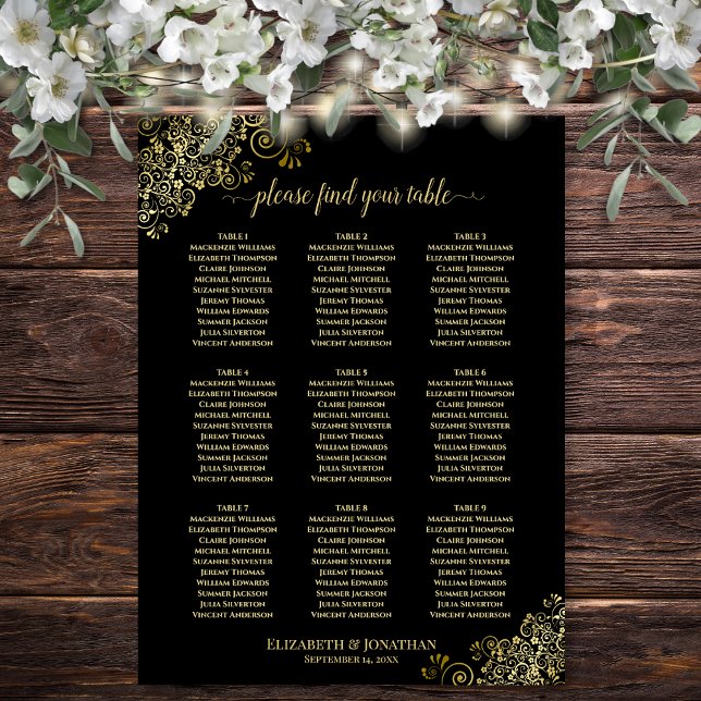 Póster Gráfico de asientos de boda de 9 mesas negro con a (In Situ on Wall with Decorations)