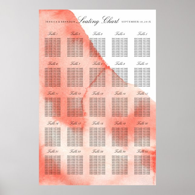 Póster Gráfico de asientos de Boda de acuarela por número (Frente)