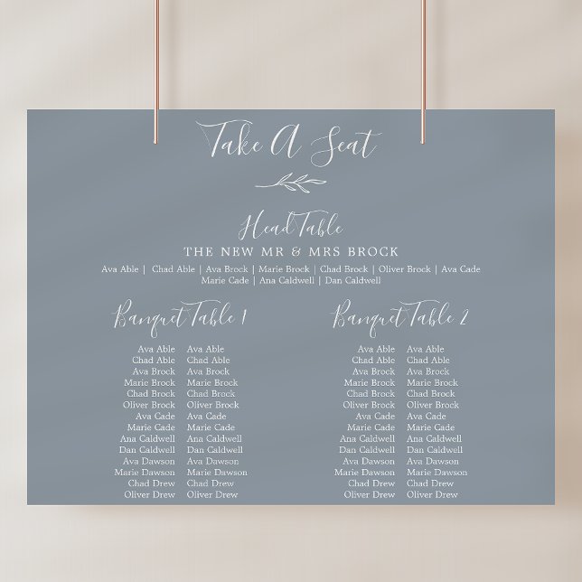 Póster Gráfico de asientos de Boda de banquete azul de ho (Minimal Leaf Blue Banquet Wedding Seating Chart)