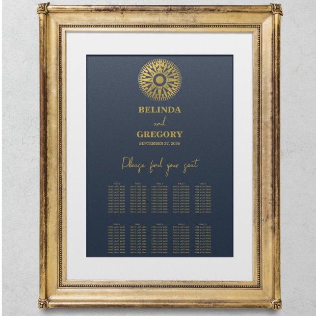 Póster Gráfico de asientos de Boda de brújula de boda de  (Wedding Passport Compass Wedding Seating Chart)
