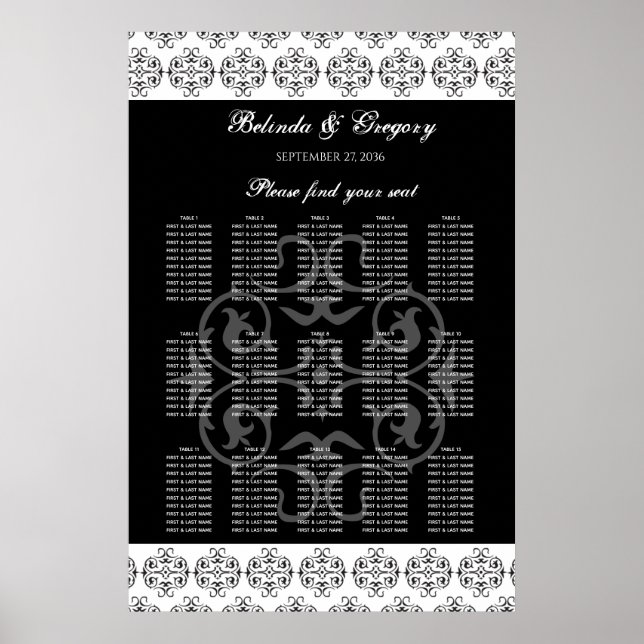 Póster Gráfico de asientos de Boda de caligrafía blanca y (Frente)