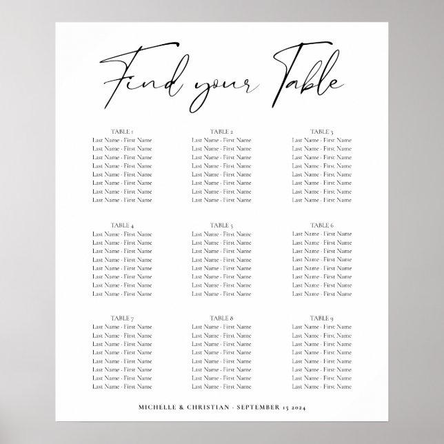 Póster Gráfico de asientos de Boda de caligrafía mínima m (Frente)