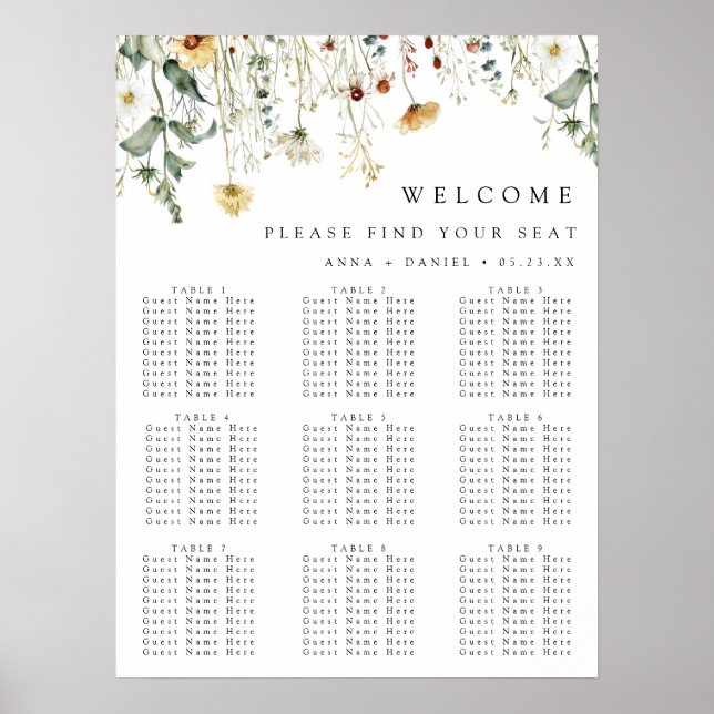 Póster Gráfico de Asientos de Boda de Campo de Flores Sil (Frente)