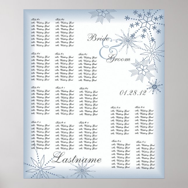 Póster Gráfico de asientos de Boda de copo de nieve Azul (Frente)