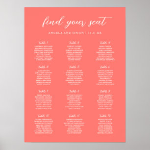 Póster Gráfico de Asientos de Boda de Coral Vibrante y Mo