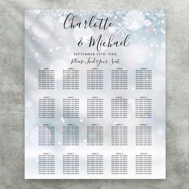 Póster Gráfico de Asientos de Boda de Escritura de Copos  (Winter Snowflakes Script Wedding Seating Chart)