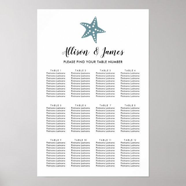 Póster Gráfico de Asientos de Boda de Estrella de Mar Mod (Frente)