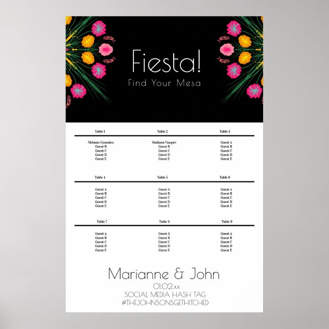 Póster Gráfico de Asientos de Boda de Fiesta Mexicana (Frente)
