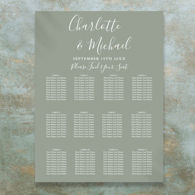 Póster Gráfico de asientos de Boda de firma verde sabio (Sage Green Signature Wedding Seating Chart)