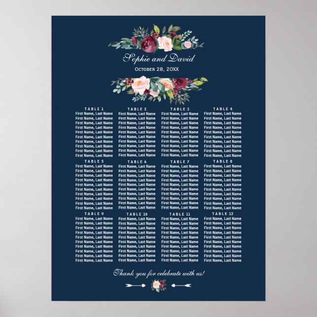 Póster Gráfico de Asientos de Boda de Floral de Borgoña A (Frente)