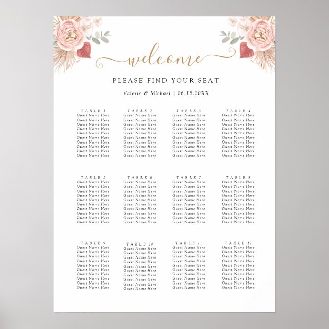 Póster Gráfico de Asientos de Boda de Flores Boho Simples (Frente)