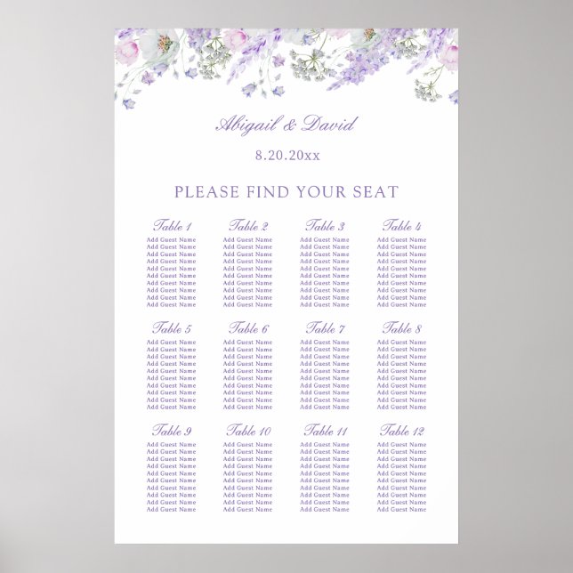 Póster Gráfico de Asientos de Boda de Flores de Lila (Frente)