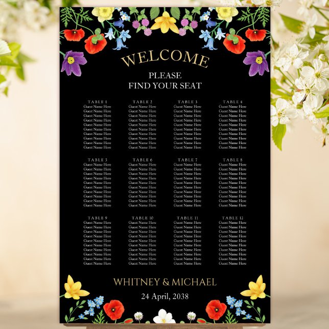 Póster Gráfico de asientos de Boda de flores silvestres c (Colorful Wildflower Black Floral Wedding Seating Chart)