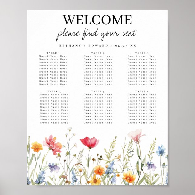 Póster Gráfico de asientos de Boda de flores silvestres d (Frente)