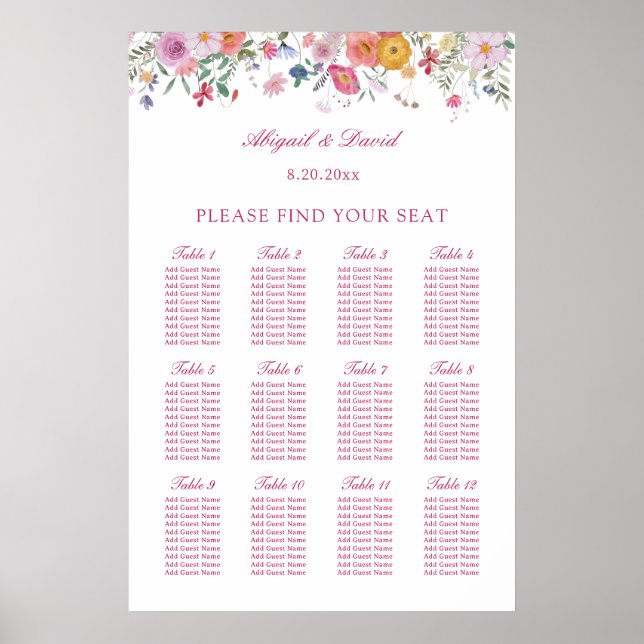 Póster Gráfico de Asientos de Boda de Flores Silvestres F (Frente)