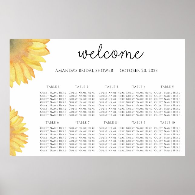 Póster Gráfico de asientos de boda de girasoles acuarela (Frente)