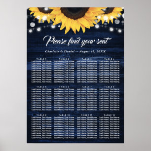 Póster Gráfico de Asientos de Boda de Girasoles Azules Ma