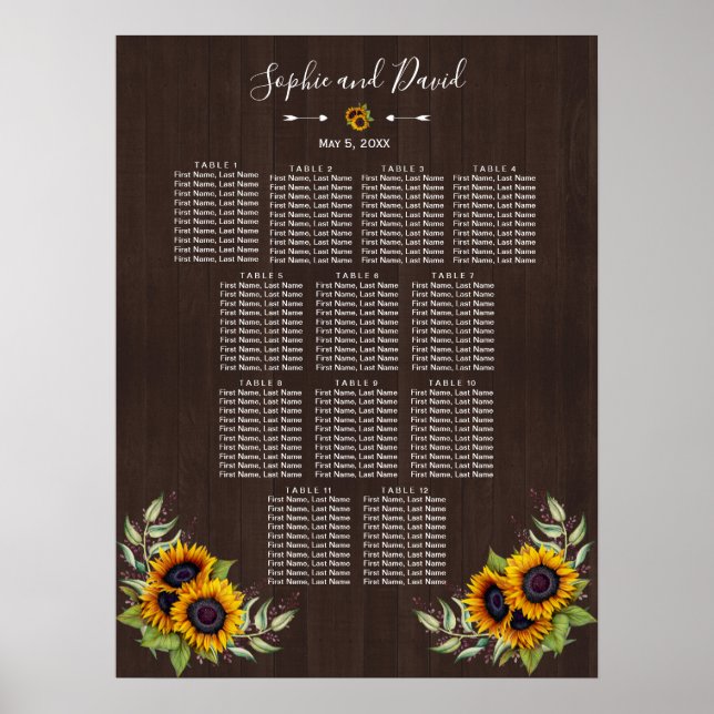 Póster Gráfico de asientos de Boda de girasoles de madera (Frente)
