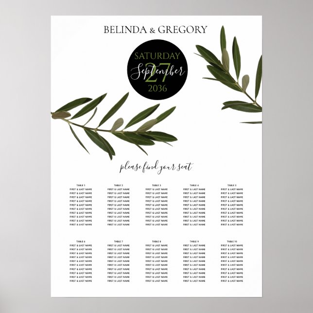 Póster Gráfico de asientos de Boda de hojas de oliva (Frente)