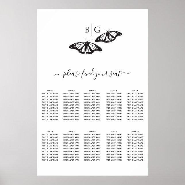 Póster Gráfico de asientos de Boda de mariposa blanca neg (Frente)