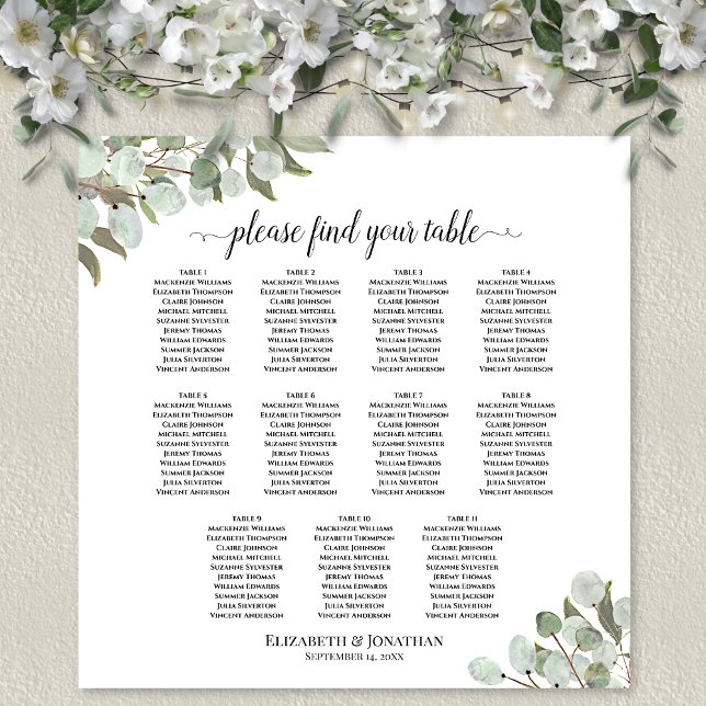 Póster Gráfico de Asientos de Boda de Mesa 11 con Follaje (In Situ on Wall with Flowers)