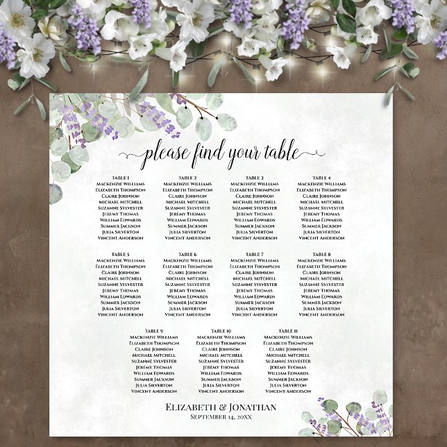 Póster Gráfico de Asientos de Boda de Mesa 11 Lavanda Euc (In Situ on Wall with Flowers)