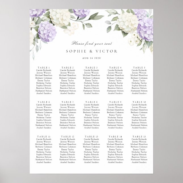 Póster Gráfico de Asientos de Boda de Mesa 15 Hortensia F (Frente)