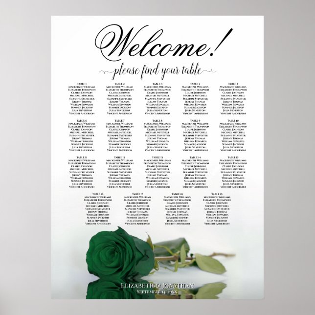 Póster Gráfico de Asientos de Boda de Mesa 19 Rosa Verde  (Frente)